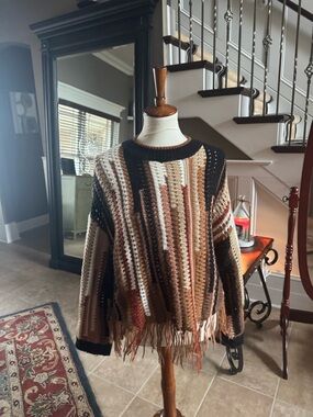 Buckle Multi-Stripe Crochet Fringe Crewneck Sweater - Black, Brown, Cream